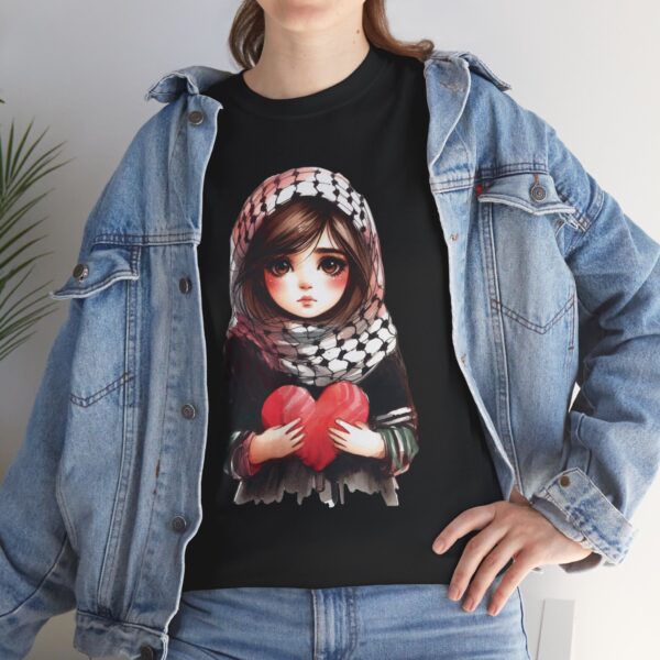 Sad Keffiyeh Girl with Heart Palestinian Pride T-Shirt - Image 3