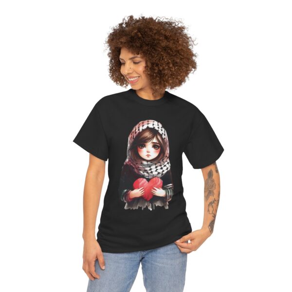 Sad Keffiyeh Girl with Heart Palestinian Pride T-Shirt - Image 2
